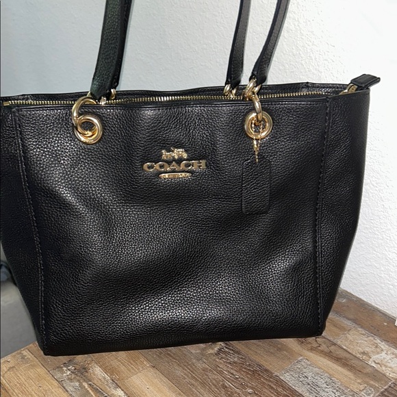 Coach Black Leather Tote with Signature Logo - Picture 2 of 12